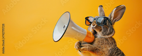 Cool bunny in sunglasses with megaphone on orange background photo