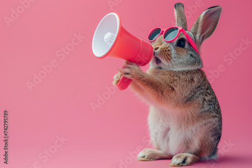 Cool bunny in sunglasses with megaphone on pink background © AI_images