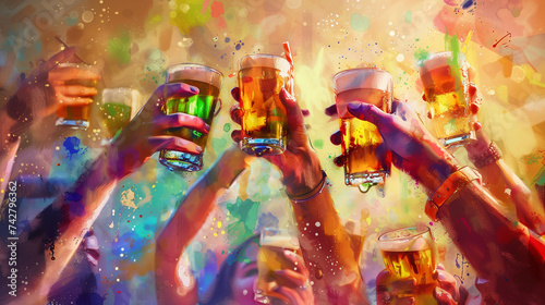 Colorful abstract image of beer drinkers toasting photo