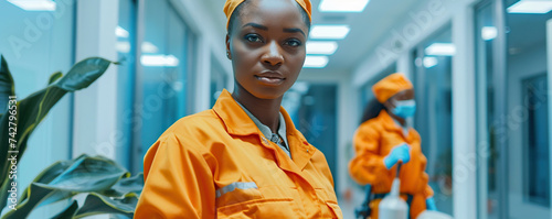 Professional African American janitors in uniform doing spring cleaning of modern house