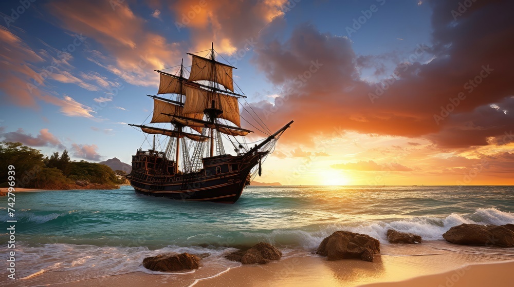 Fototapeta premium waves beach pirate ship