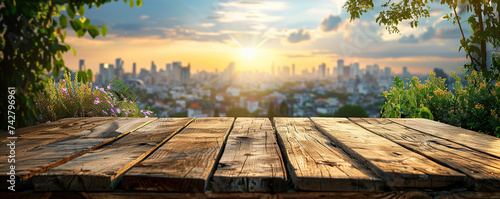 The empty wooden table top with blur background of nature skyline. Exuberant image. © AI_images