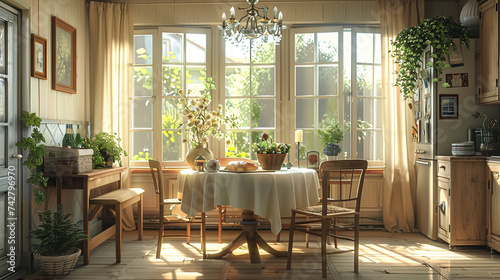 A farmhouse-style dining room with a round wooden table  four chairs  and a bench. The table is decorated with a white tablecloth  a pitcher of flowers  and a basket of bread. 