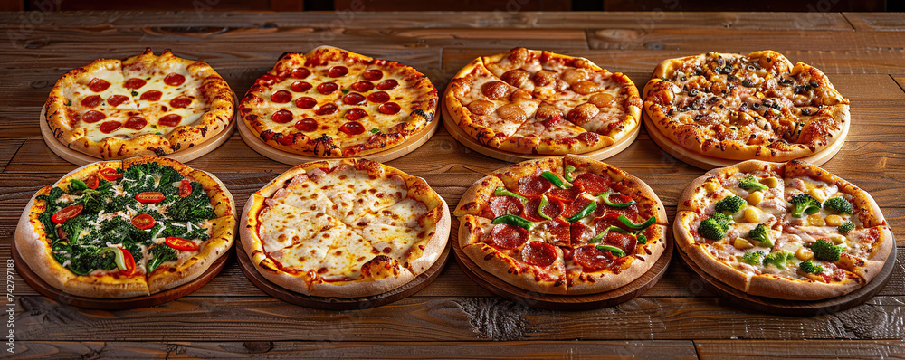 Variety of pizza with various fillings presented on a wood table.