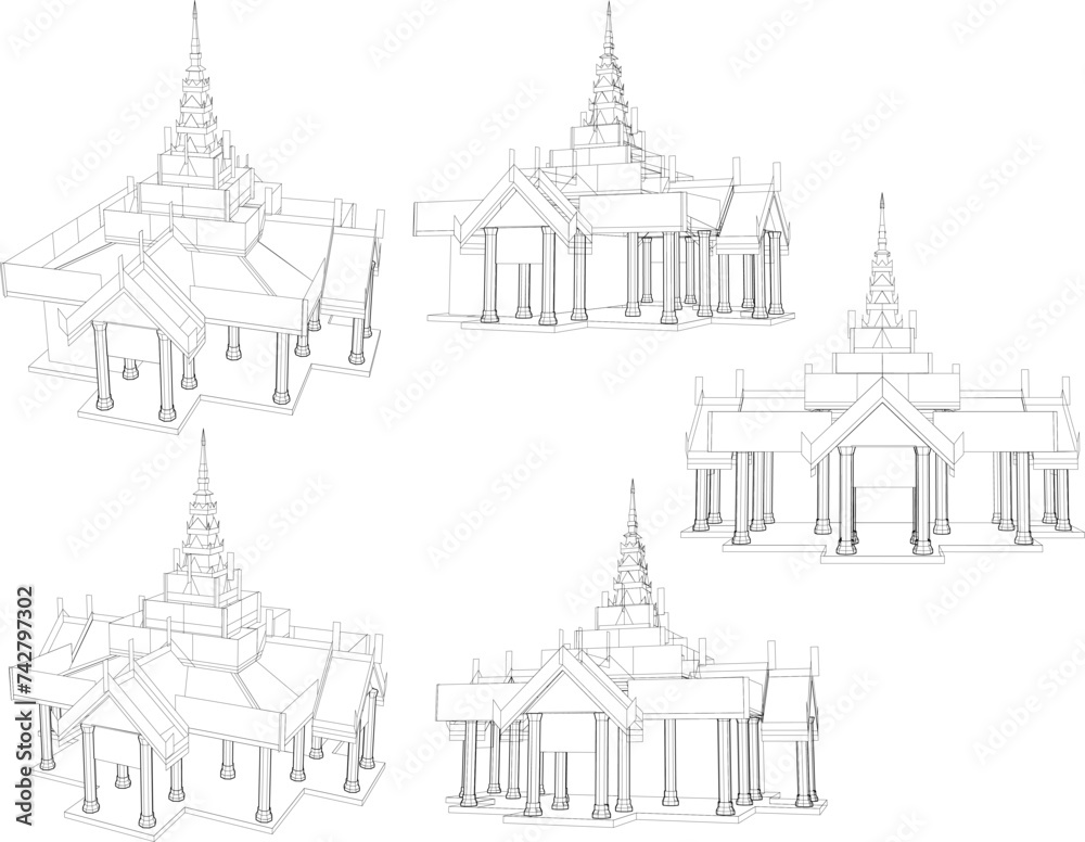 Traditional ethnic sacred temple architectural drawing design vector illustration sketch