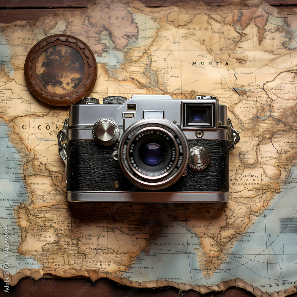 A vintage film camera on a weathered map.