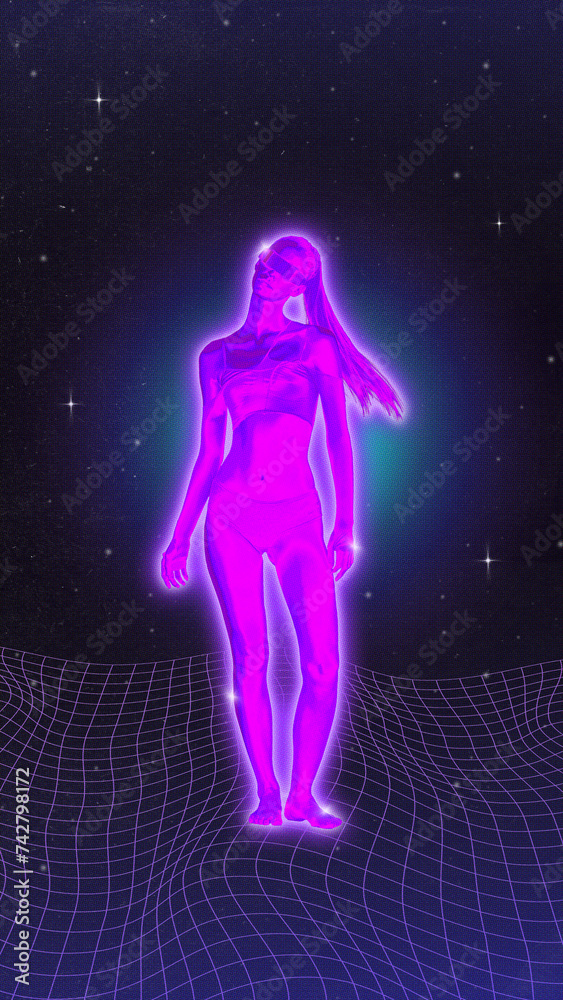 Poster. Contemporary art collage. Female figure in purple neon ultramodern costume standing on grid with starry backdrop. Futuristic art style. Concept of metaverse, space exploration. Retro wave