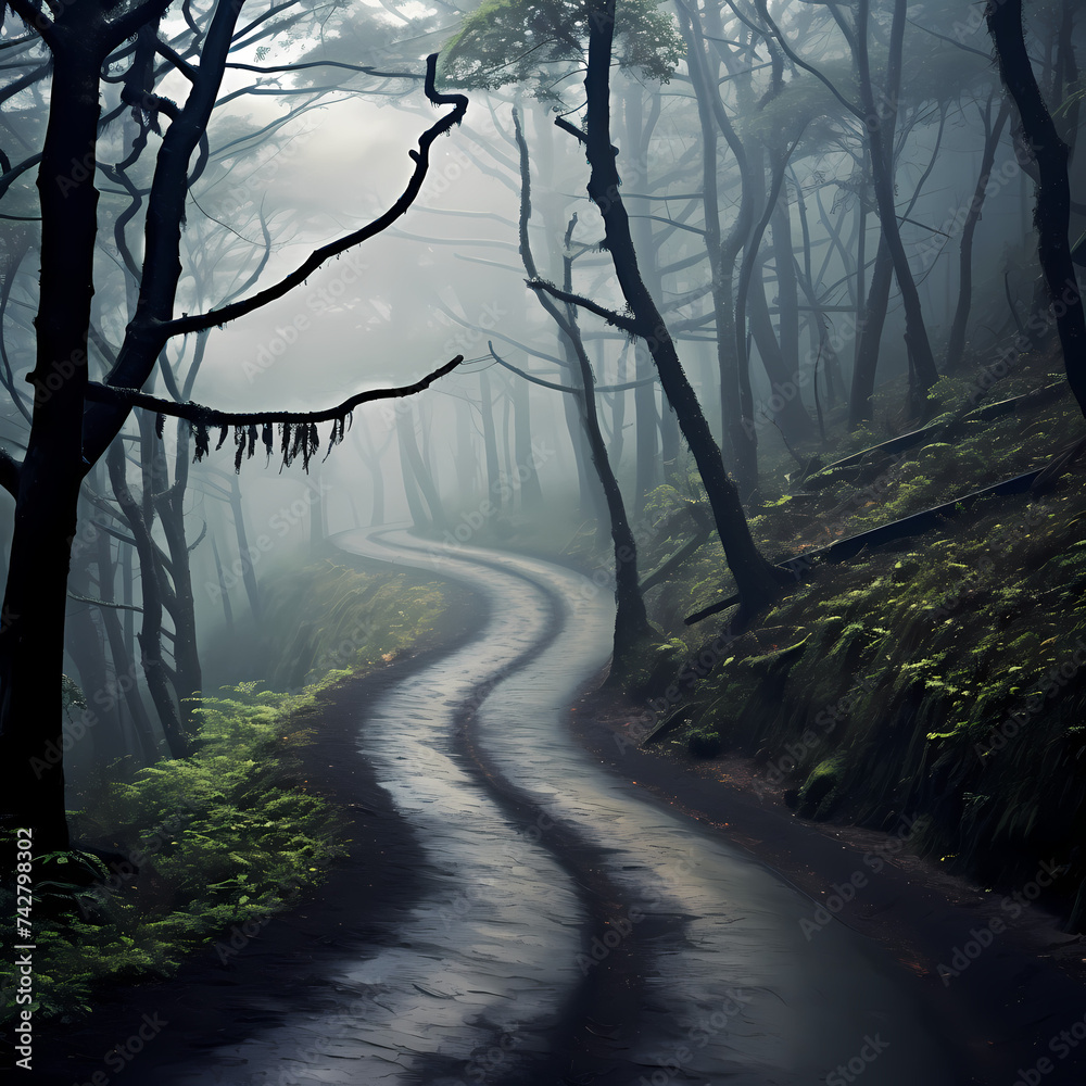 A winding road through a misty forest. 