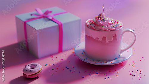 a cup that appears to be a birthday cake is sitting n photo