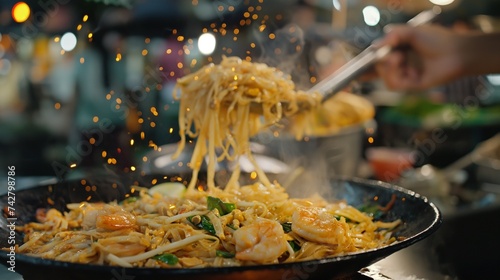 Fresh pad thai is being made by a Thai street food vendor; the wok is where the noodles are combined with shrimp, tofu, eggs, and bean sprouts. photo