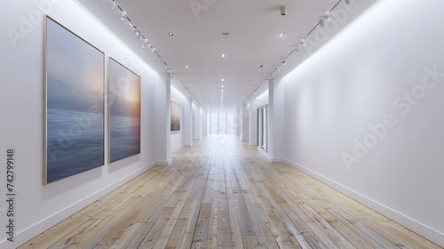 A hallway with white walls and a single, framed abstract art piece. Soft, recessed lighting creates a gallery-like feel, accentuating the simplicity and elegance of the space.