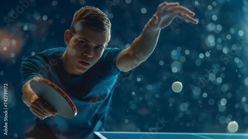 A table tennis player executing a powerful serve, eyes locked on the ball, capturing the speed and precision of the sport. 8k