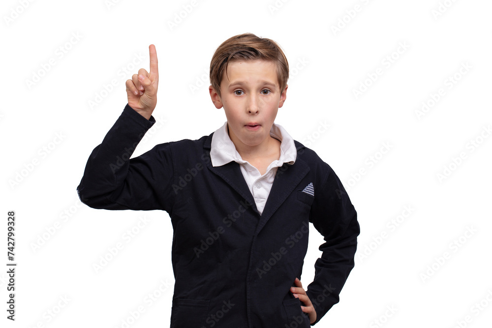 A schoolboy boy raised his finger up. A concept is an idea.