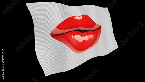 The waving white flag with female sexy glossy lips isolated on white on transparent alpha channel. Transparency is embedded in video