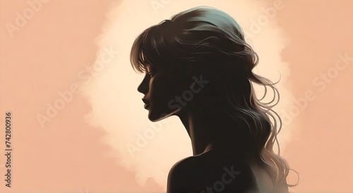 Women's black silhouette isolated on pastel color background, Happy Women's Day poster, Breast cancer support illustration icon, Beautiful Woman Portrait, AI-generated