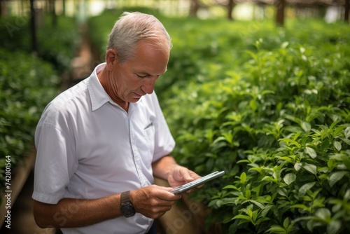 elderly caucasian male farmer using digital tablet to monitor plants in greenhouse