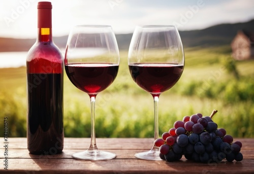 Two glasses for wine on wooden table. Blurred red wine bottle