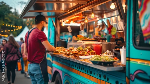 A vibrant vegan food truck serving a variety of plant-based street food dishes to a diverse crowd at an outdoor festival. 8k