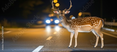 Night road hazards majestic deer near forest, wildlife dangers for transport, with text space.