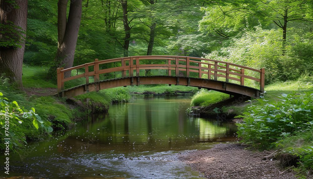 Wooden bridge arching gracefully over a calm forest stream - wide format