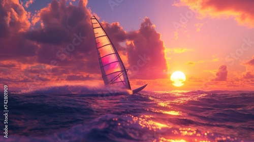 A bright sunset behind a windsurfer skimming the surface of the ocean at top speed, the sail billowing in the wind.  photo