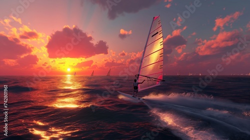 A windsurfer gliding across the ocean's surface at high speed, the sail billowing in the wind against a backdrop of a vivid sunset. 8k