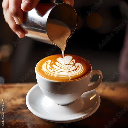 Close-up of a barista pouring latte art.