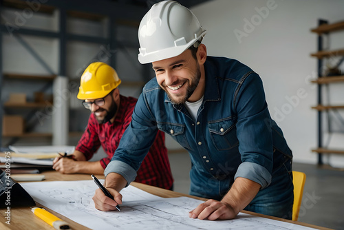 Two architects diligently working on blueprints alongside other workers in a construction setting, ensuring safety with their yellow helmets
