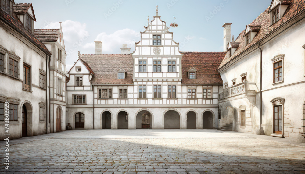 the front facade of a medival palace in a city of Europe background