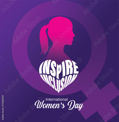International women's day concept poster. Woman sign illustration background. 2024 women's day campaign theme- #InspireInclusion typo vector.