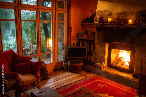 fireplace in the living room. cozy country house. tourism, travel, spending time with family. holidays, family visit