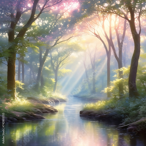 A dreamy, ethereal scene with soft pastel colors and gentle sunlight streaming through a canopy of trees, creating a sense of tranquility and wonder. Or just morning in the woods.