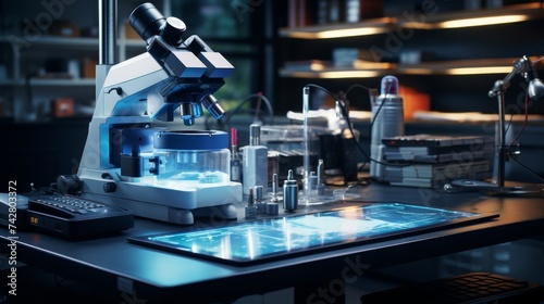 Modern Lab Setup With Microscope and Computer Desk