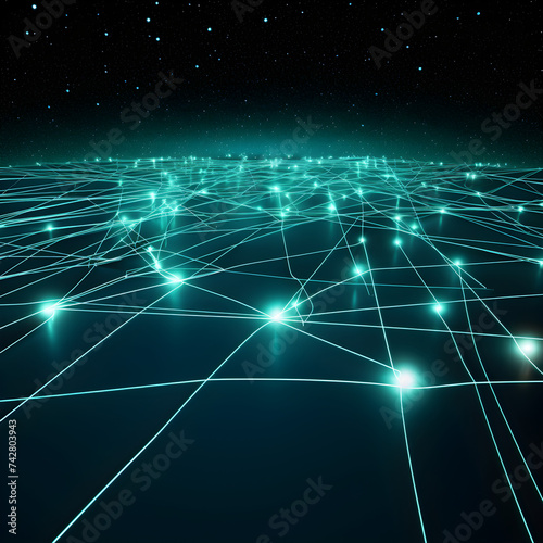 connected glowing wires in space on a green, blue path