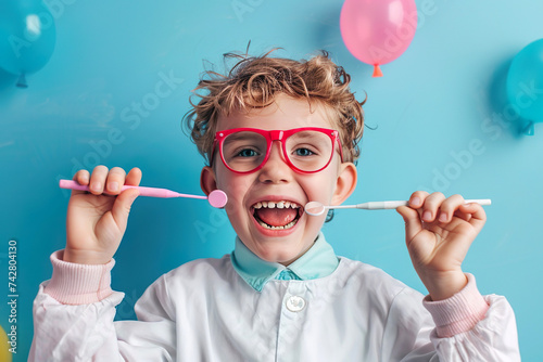 Happy smiling boy with red glasses and dentistry instruments on blue background. Dentist day concept
