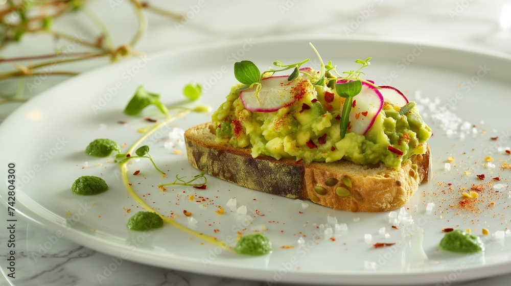 An illustration of avocado toast's simplicity and elegance, featuring a slice of toasted artisan sourdough bread topped with creamy mashed avocado. 