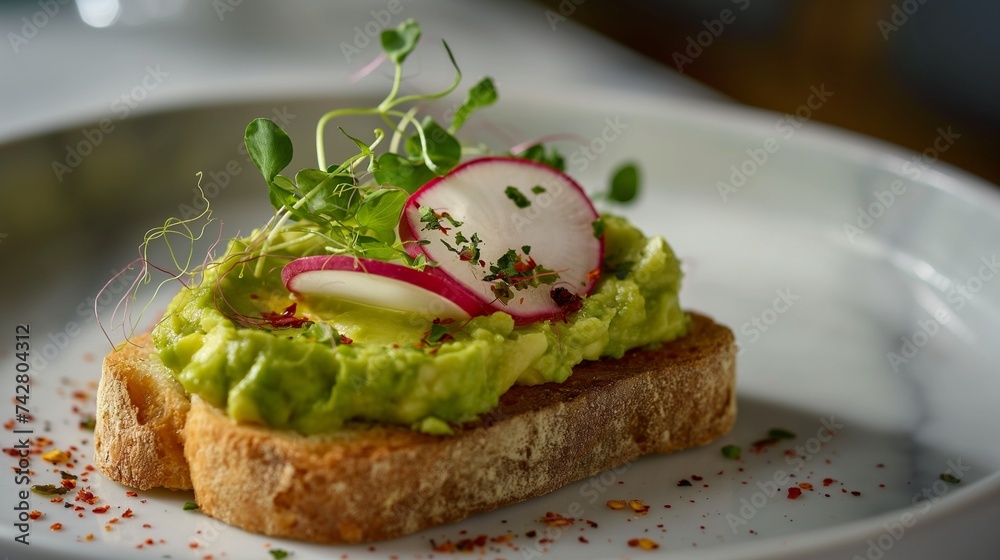 An image capturing the simplicity and elegance of avocado toast, with creamy mashed avocado on a slice of toasted artisan sourdough bread. An image capturing the simplicity and elegance of avocado toast, with creamy mashed avocado on a slice of toasted artisan sourdough bread.