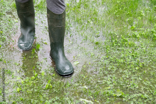 The person walks on water. Legs in wellies or gumboots. The garden is flooded. Consequences of downpour, flood. Springtime
