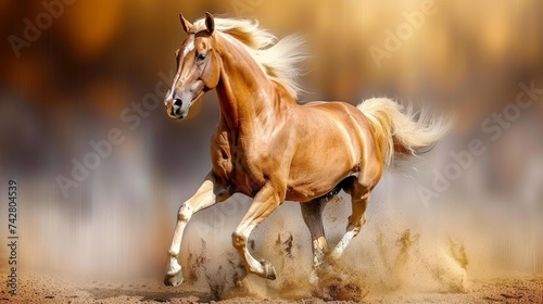 A stunning horse in full stride on a sandy beach at sunset, offering ample room for text placement © Ilja