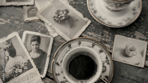 Still life details, cup of coffee and retro vintage black-and-white photos, top view point