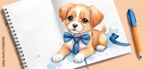 A dog of the toy breed, with fawn and liver coloring, is sitting on a notebook wearing a bow tie next to a pen as a companion animal