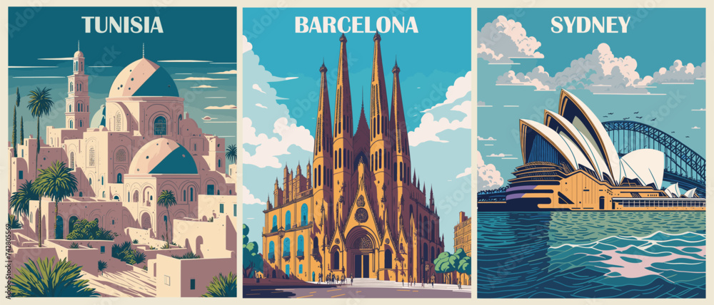 Set of Travel Destination Posters in retro style. Tunisia, Barcelona, Spain, Sydney, Australia prints. Exotic summer vacation, international holidays concept. Vintage vector colorful illustrations. - obrazy, fototapety, plakaty 