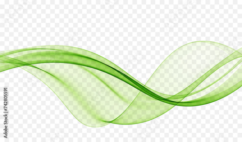 Illustration of curved flow of green abstract wave motion. Transparent green wave.