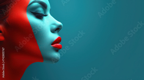 green mannequin head doll model with red lips on blue green background
