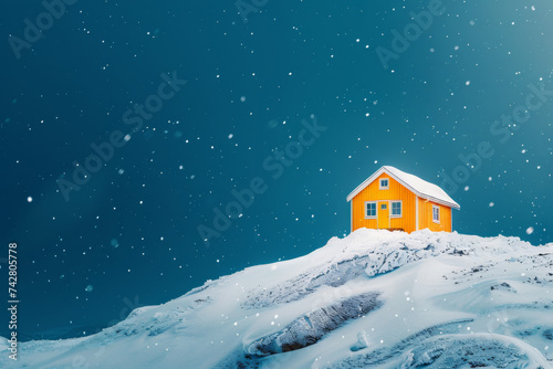 A small house on top of a snowy hill. © imlane