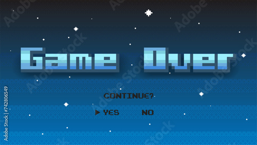Game Over with starry sky on background. Pixel art 8-bit retro video arcade style with play again.	