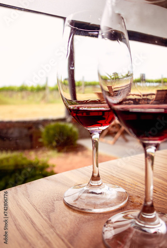 Two red wine glasses on wood table with vineyard background