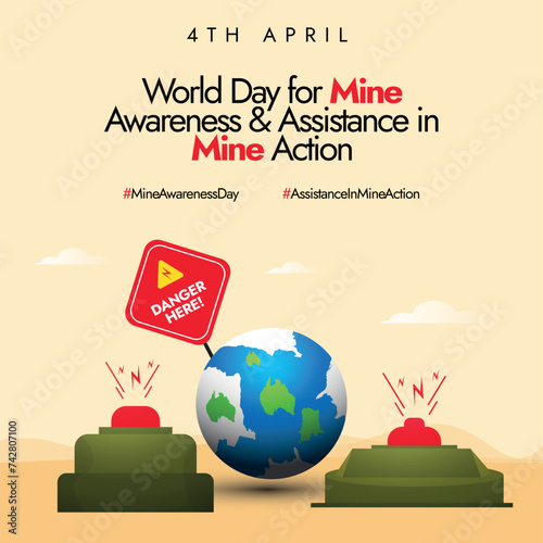 International day for Mine Awareness. 4th April International day for Mine Awareness banner with mine icons, danger sign on earth globe. Awareness banner for world without mines. 