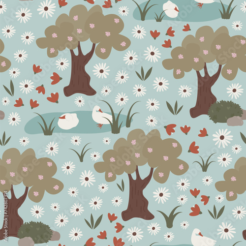 cute hand drawn colorful seamless vector pattern illustration with ducks, daisy flowers, trees and grass on pastel blue background	