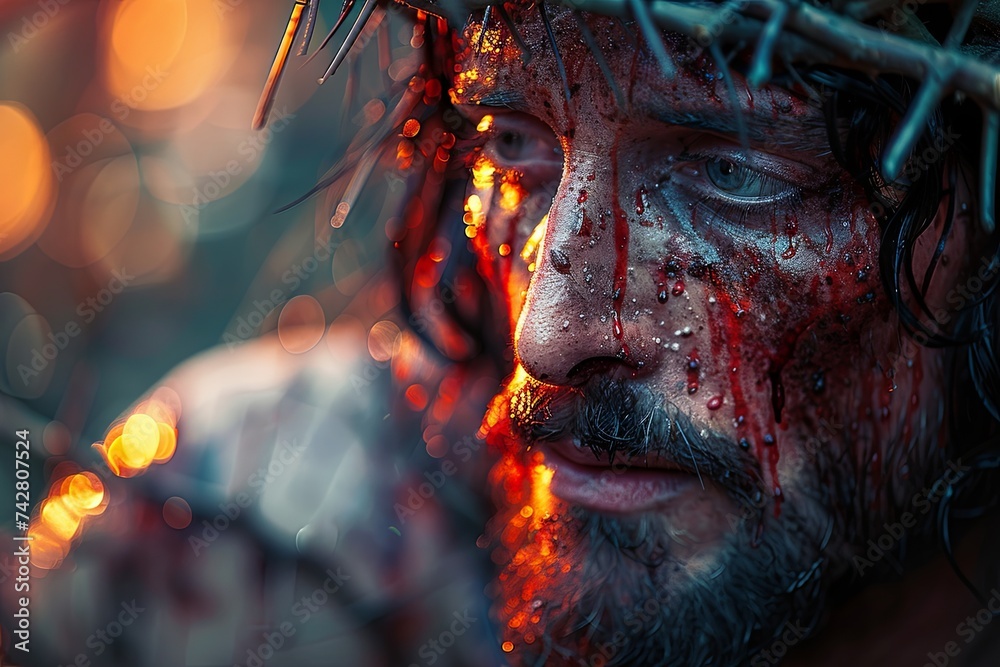jesus the prophet standing with crown of thorns, in the style of lens flares, eye-catching detail. Generative AI. jesus the prophet standing with crown of thorns, in the style of lens flares, eye-catching detail. Generative AI.